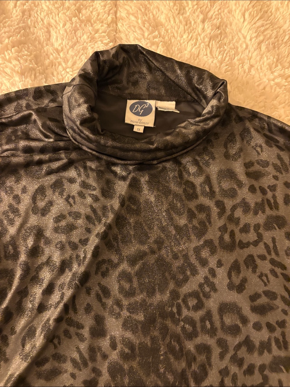 DG2 by Diane Gilman Black Shiny Leopard Print Mock Neck Top